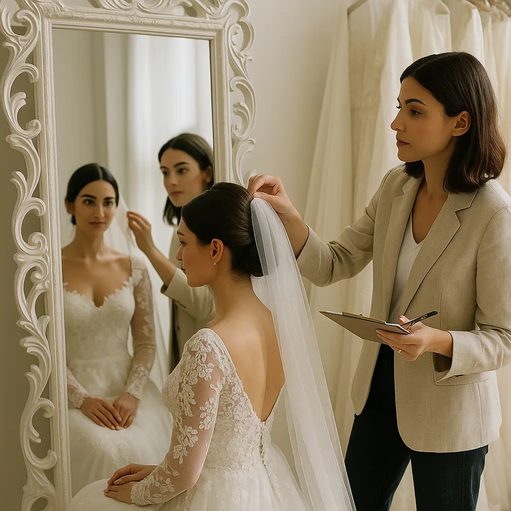 Exquisite bridal accessories like earrings and a headpiece