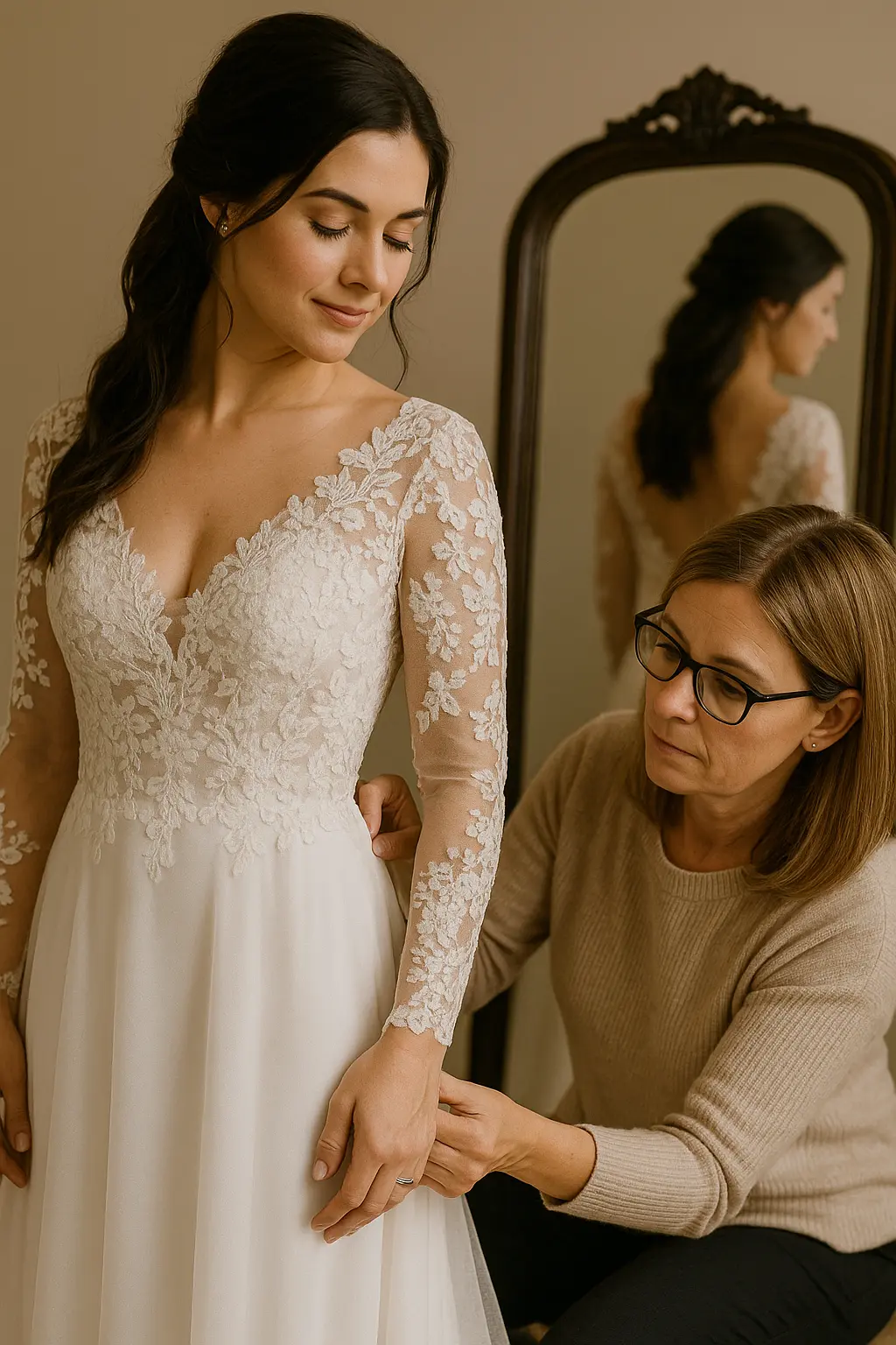 A close-up of a seamstress pinning a wedding dress