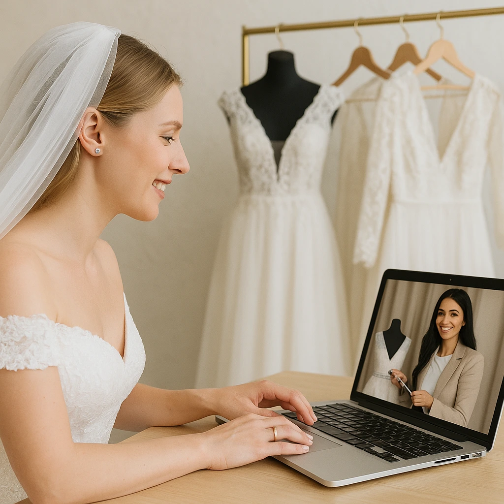 A laptop showing a video consultation with fabric swatches nearby