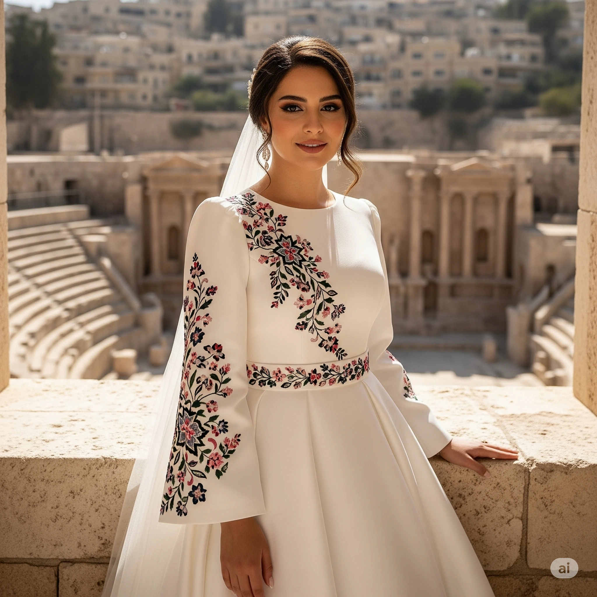 A wedding gown incorporating traditional Jordanian Tatreez embroidery