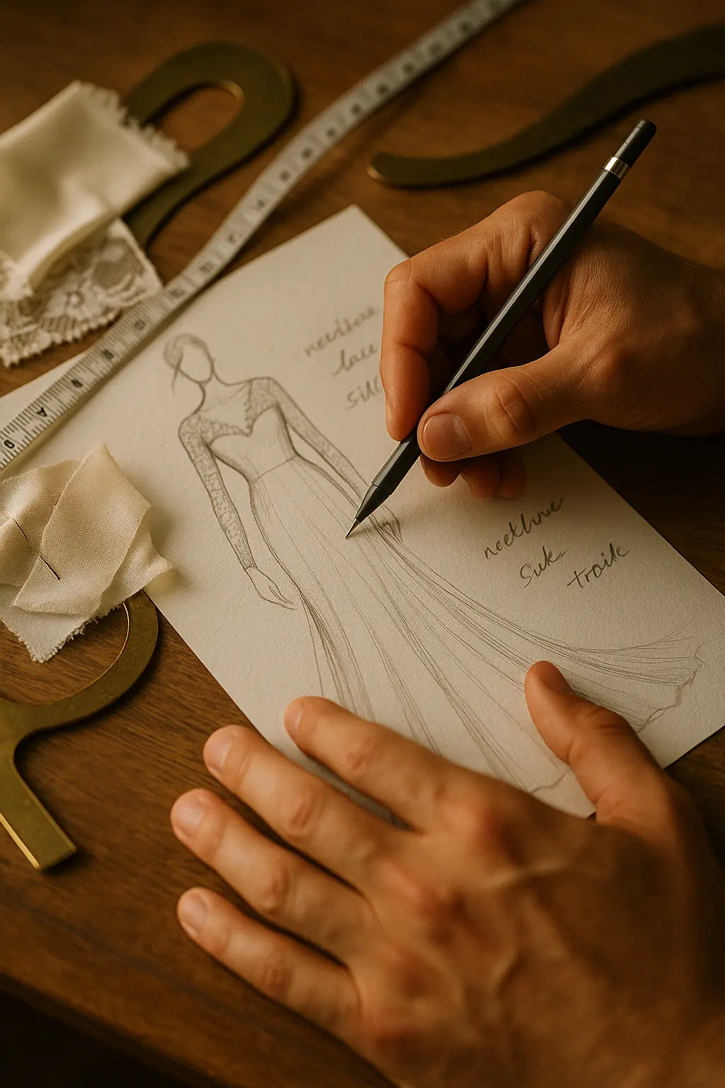 The sketching process for tailor-made bridal gowns Amman