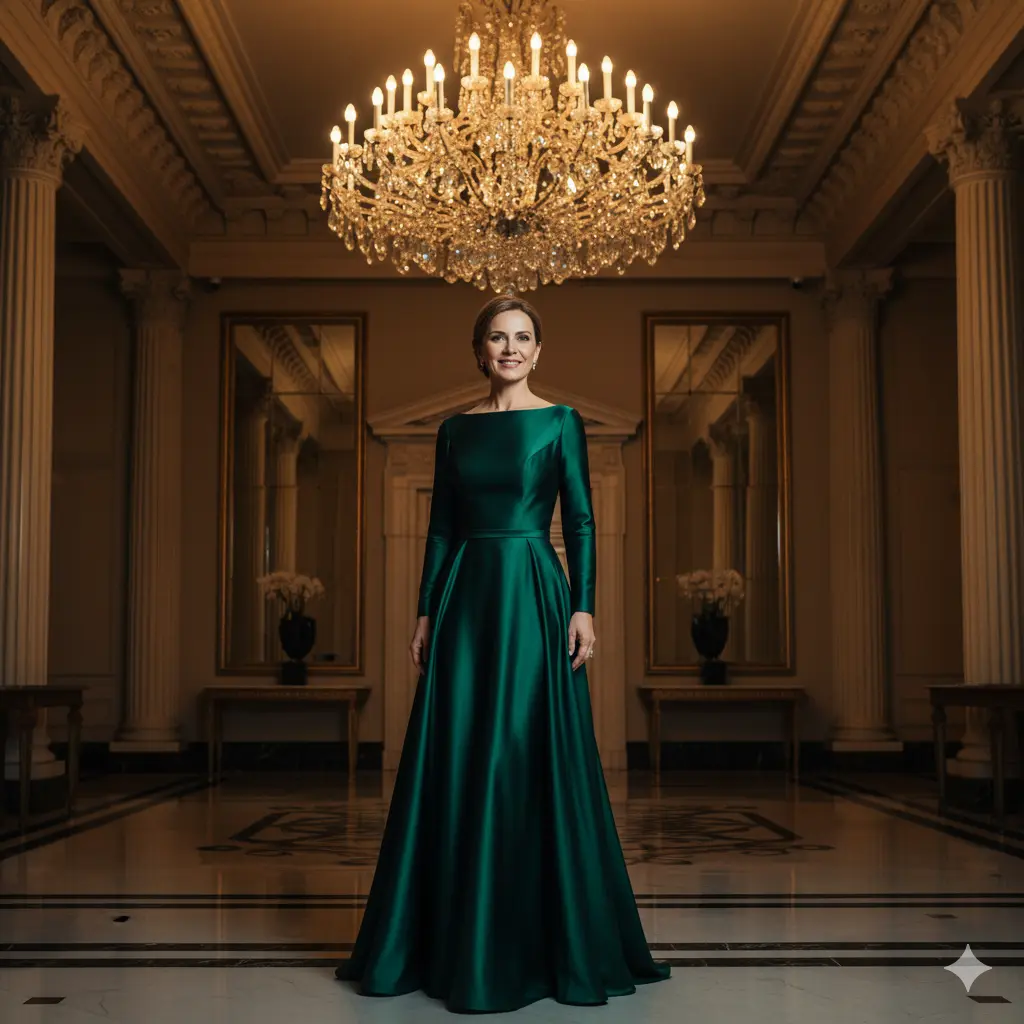 An elegant green gown, a key feature in this Mother of the Bride Style Guide