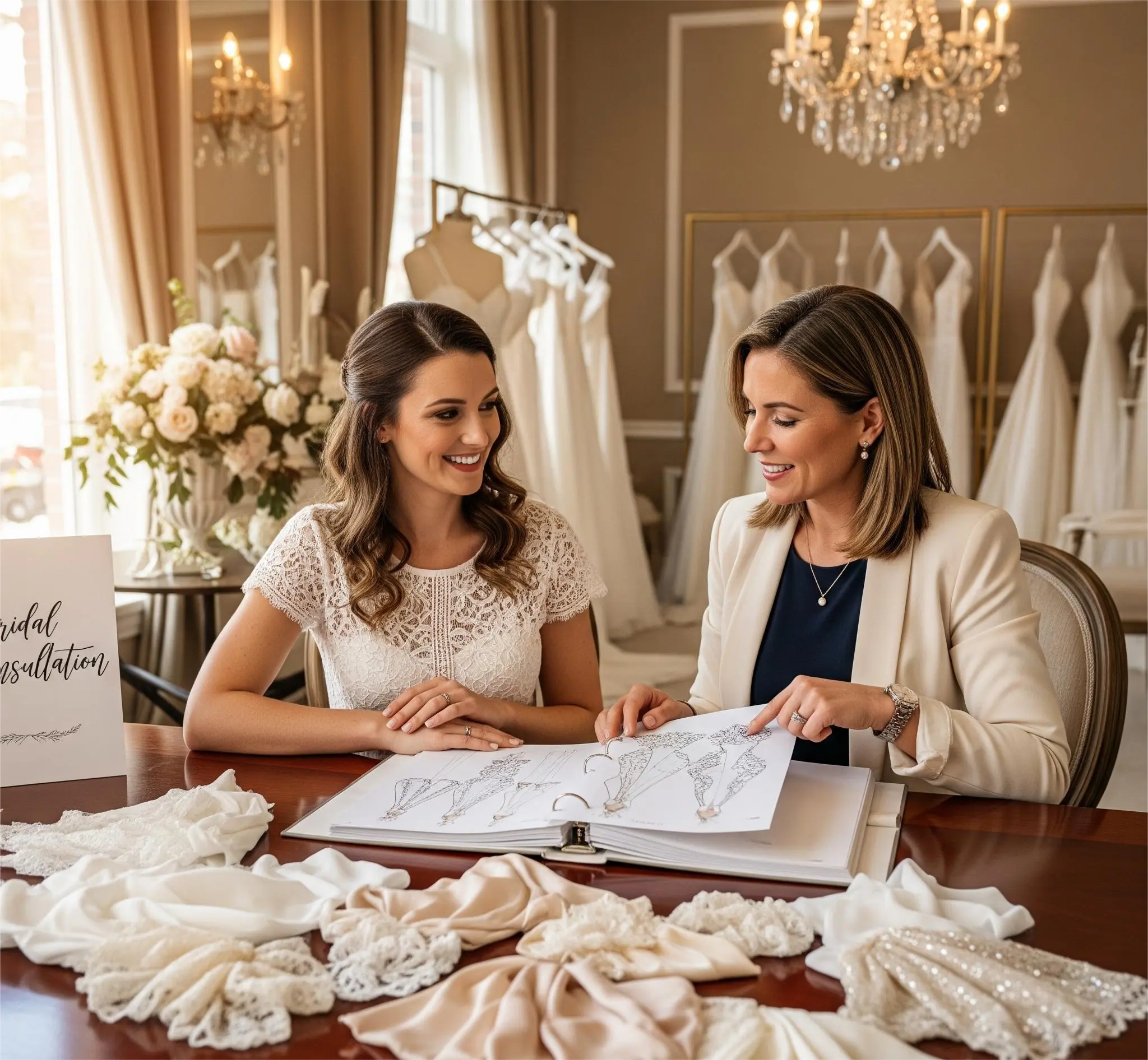 A consultant explaining wedding dress sizes in Amman