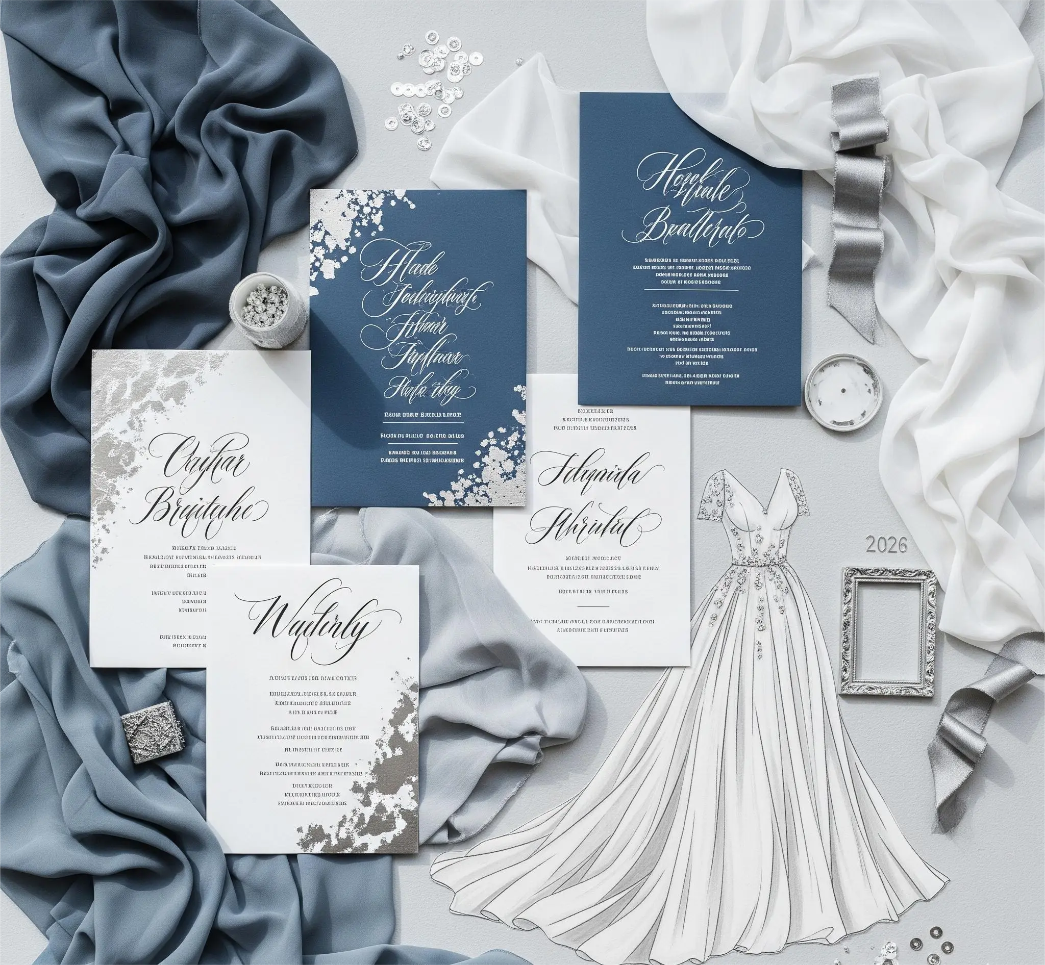A mood board for the serene Dusty Blue & Silver 2026 wedding color palette.