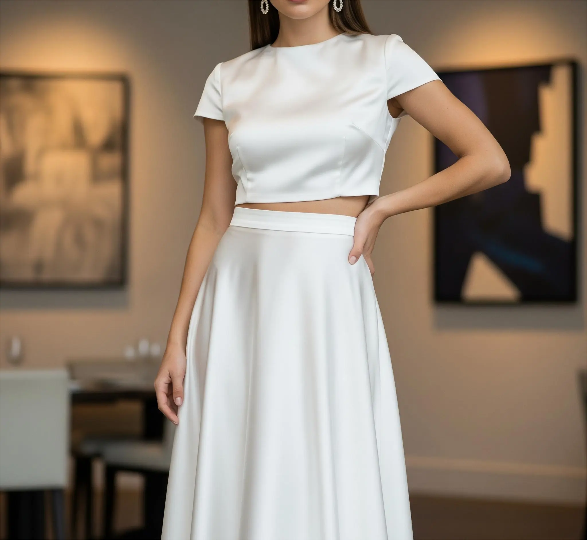 A modern two-piece set, a chic choice for Amman engagement outfits