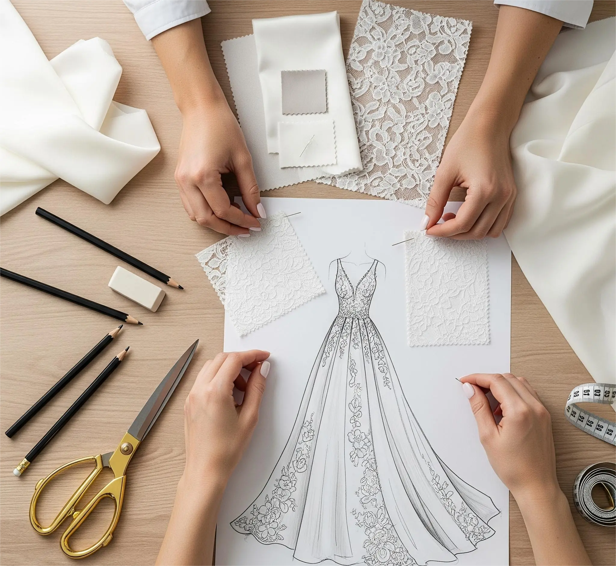 A designer's hands selecting materials for our bridal fabrics guide.