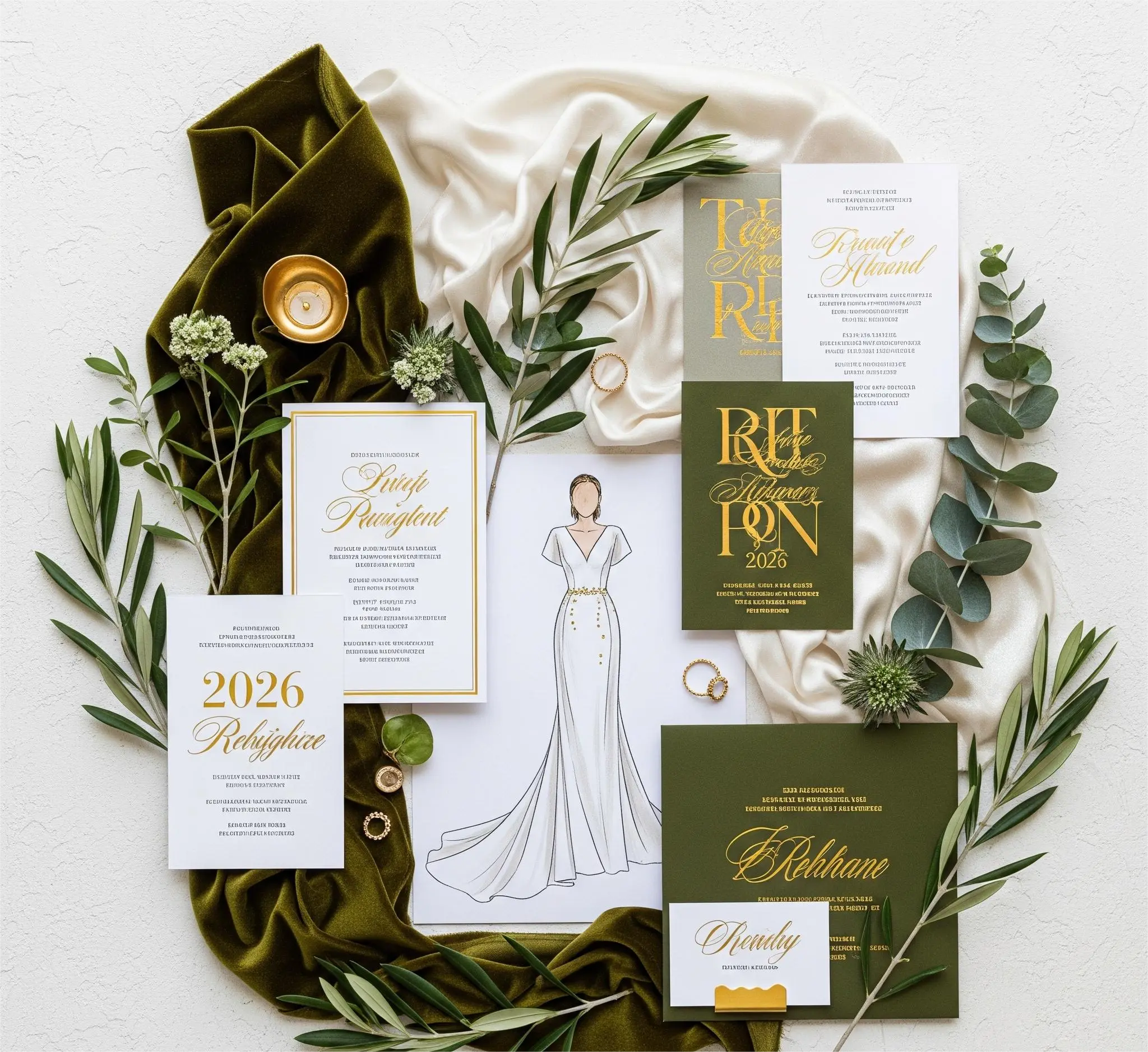 A mood board for the luxurious Deep Olive & Gold 2026 wedding color palette.