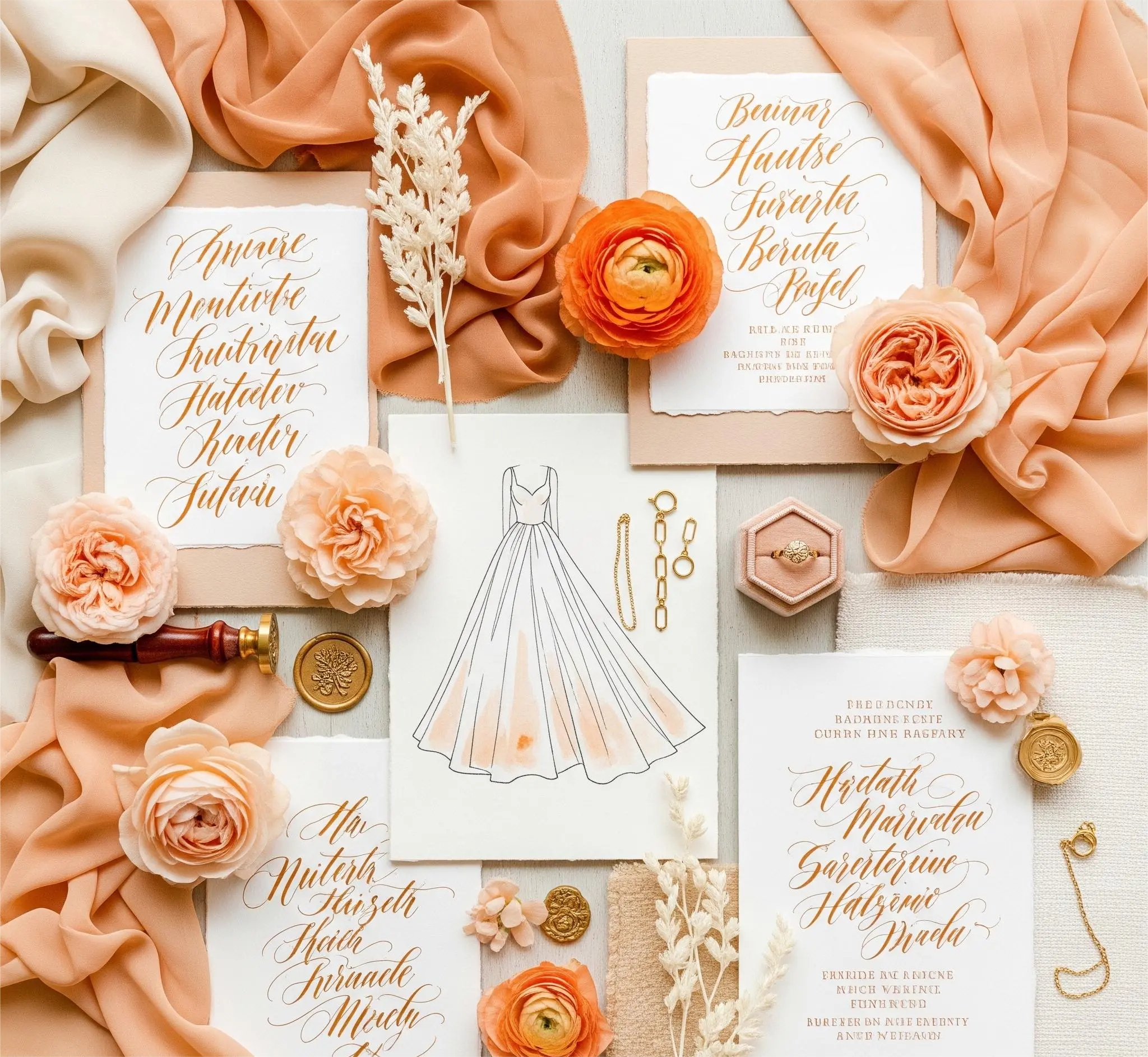 A mood board showcasing one of the top 2026 wedding color palettes: warm peach.